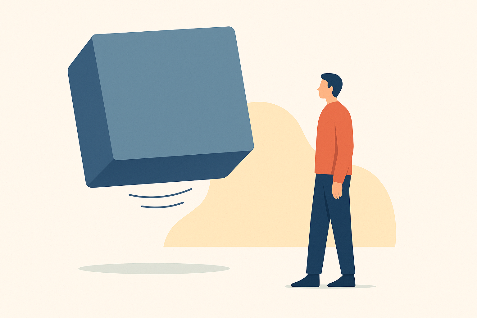 Persona liberándose del peso de la autoexigencia. Ilustración minimalista con bloques geométricos flotando y sensación de alivio.