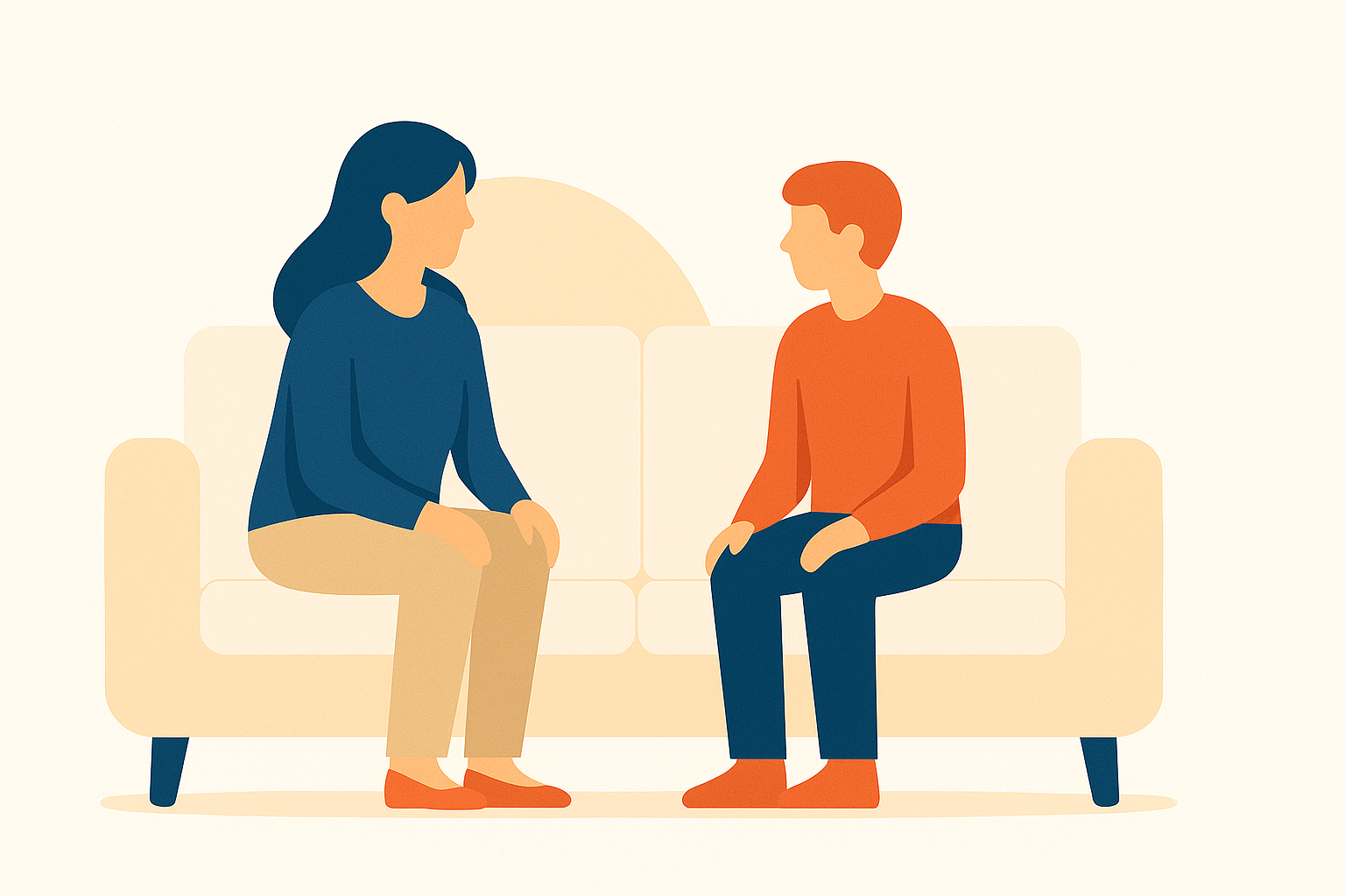 Ilustración minimalista de una madre y su hijo adolescente sentados en un sofá, mirándose con conexión. Estilo geométrico, tonos suaves y fondo claro.
